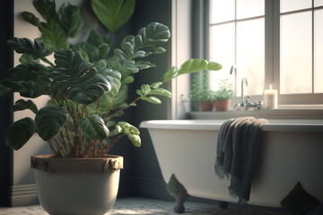 A bathroom with a tub and a potted plant, Generative AI