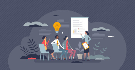 Professional education and teaching new work skills tiny person concept. Company staff and employees study in seminar or courses vector illustration. Abilities improvement or qualification development