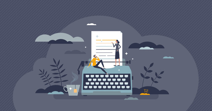 Literature art form with creative author book writing tiny person concept. Poetry, story or novel typing manuscript vector illustration. Professional publisher as artistic occupation. Literary study.