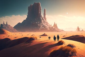 A group of people walking across a desert, Generative AI