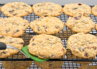 Close up of silicone spatula lifting freshly baked Oatmeal Cranberry cookie from cooling rack.