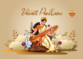 vasant panjamiSarasvati for happy Vasant Panchami Puja of India. poster, banner, flyer vector illustration design - obrazy, fototapety, plakaty