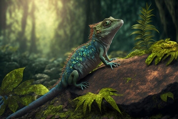Fototapeta premium A lizard sitting on a rock in a forest, Generative AI