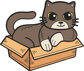 Hand Drawn cat in box illustration in doodle style