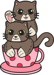 Hand Drawn cat or kitten with coffee mug illustration in doodle style