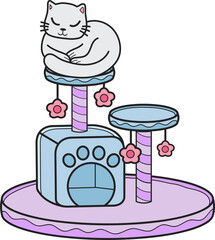 Hand Drawn cat with cat climbing pole illustration in doodle style