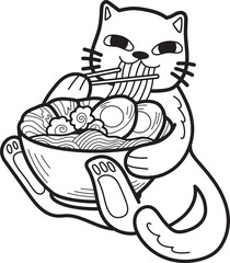Hand Drawn cat eating noodles illustration in doodle style