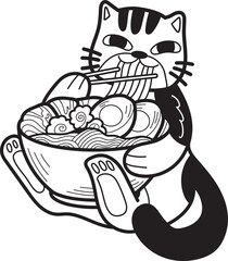 Hand Drawn striped cat eating noodles illustration in doodle style