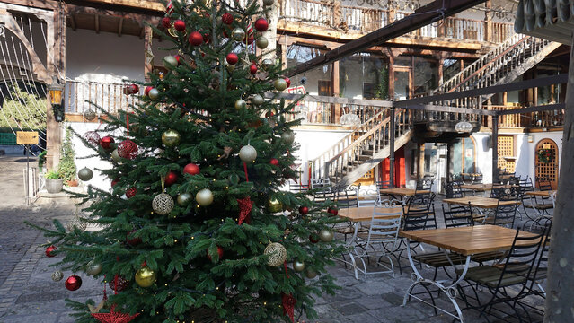 Bucharest, Romania - December 20, 2022: Restaurant Hanu lui Manuc at downtown of central Bucharest.