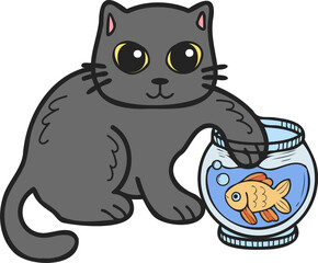 Hand Drawn cat playing with fish illustration in doodle style