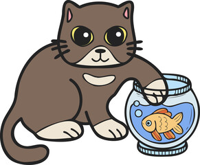 Hand Drawn cat playing with fish illustration in doodle style