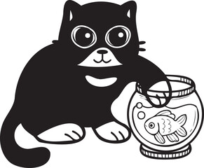 Hand Drawn cat playing with fish illustration in doodle style