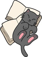 Hand Drawn cat lying on stack of books illustration in doodle style
