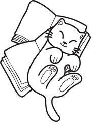 Hand Drawn cat lying on stack of books illustration in doodle style