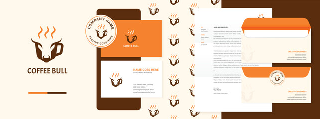 coffee or tea cup logo design with bull face, branding design with the business card, letterhead, pattern, envelope, sticker