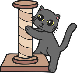 Hand Drawn cat with cat climbing pole illustration in doodle style