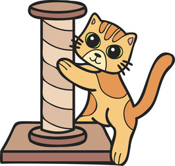 Hand Drawn striped cat with cat climbing pole illustration in doodle style