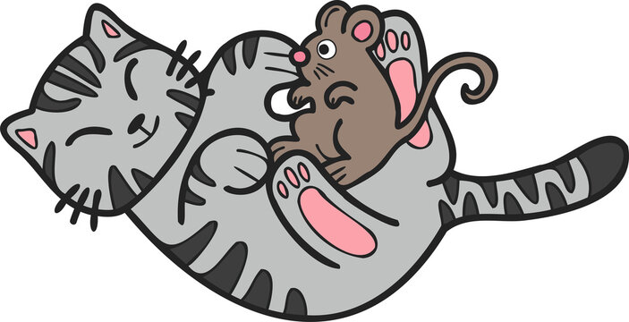 Hand Drawn striped cat and mouse illustration in doodle style