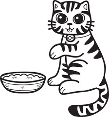 Hand Drawn striped cat eating food illustration in doodle style