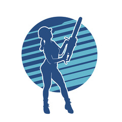 Female construction worker holding Chainsaw vector silhouette on blue background.