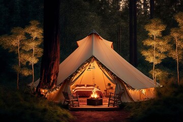 Rest place in forest, Lonely glamping tent with bonfire among green trees, Illuminated bell tent at night