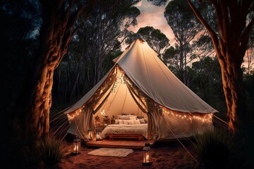 Rest place in forest, Lonely glamping tent with bonfire among green trees, Illuminated bell tent at night
