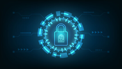 digital padlock and fingerprint with HUD virtual screen on dark blue background. cyber security technology and privacy data protection concept