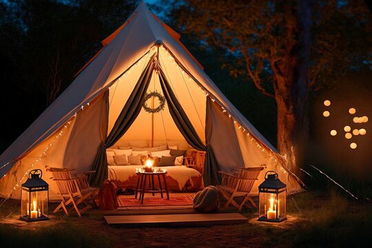 Rest place in forest, Lonely glamping tent with bonfire among green trees, Illuminated bell tent at night