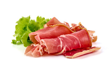 Delicious jerked prosciutto crudo, isolated on white background. High resolution image.
