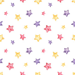 Stars, texture for children's design, colored stars on a white background Watercolor seamless pattern