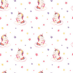 Unicorn on a cloud, stars, texture for children's design, colored stars on a white background Watercolor seamless pattern 