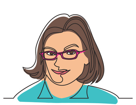 continuous line drawing smiling woman in glasses 3 colored - PNG image with transparent background