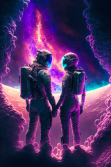 astronaut couple holding hands as they look out into the galaxy
