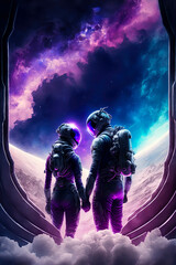 Lovers in spacesuits holding hands looking from the dock of a giant spaceship into a massive nebula of purple gaseous clouds in front of a solar system