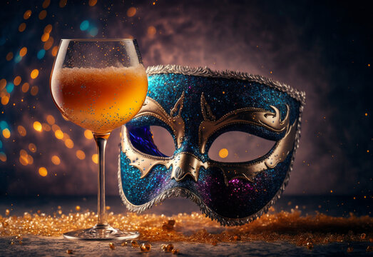 carnival mask on the glass of champagne a carnival mask, Generative AI	