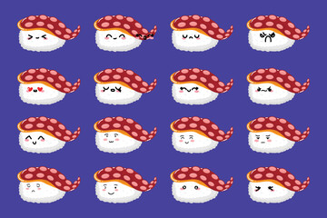 Watercolor sushi, bread, sticker character vector illustration. Sticker emoticon bread design