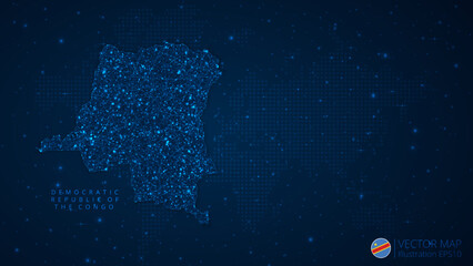 Fototapeta na wymiar Map of Democratic Republic of the Congo modern design with polygonal shapes on dark blue background. Business wireframe mesh spheres from flying debris. Blue structure style concept