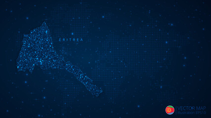 Fototapeta na wymiar Map of Eritrea modern design with polygonal shapes on dark blue background. Business wireframe mesh spheres from flying debris. Blue structure style vector illustration concept