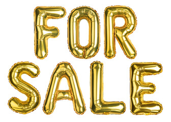 Naklejka premium Word For Sale. Clearance or discount. Yellow Gold foil helium balloon. Balloons good for advertisement store, shop, shopping mall. English Alphabet Letters. Isolated white background. High resolution