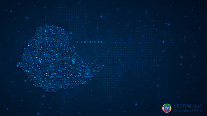 Fototapeta na wymiar Map of Ethiopia modern design with polygonal shapes on dark blue background. Business wireframe mesh spheres from flying debris. Blue structure style vector illustration concept