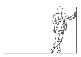 continuous line drawing man standing in corner with cell phone - PNG image with transparent background