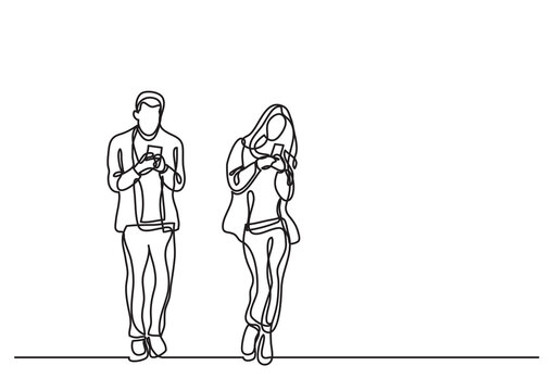 continuous line drawing man and woman standing reading smart phones - PNG image with transparent background