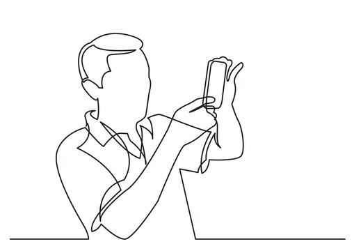 continuous line drawing man making photo with smartphone - PNG image with transparent background
