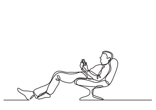 continuous line drawing man relaxing in chair with smart phone - PNG image with transparent background