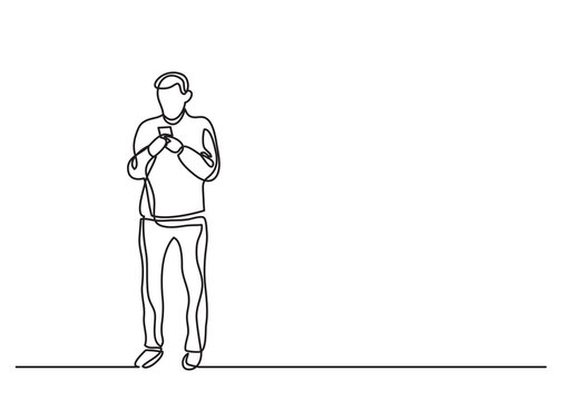 continuous line drawing man standing reading cell phone - PNG image with transparent background