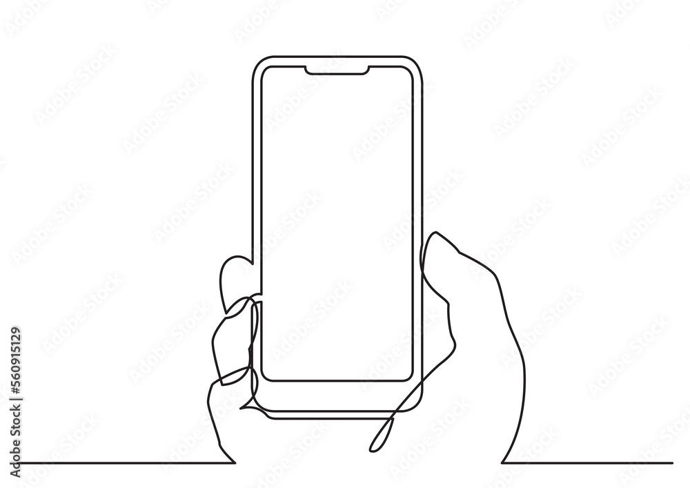 Poster continuous line isolated vector object hand with modern mobile phone - png image with transparent ba