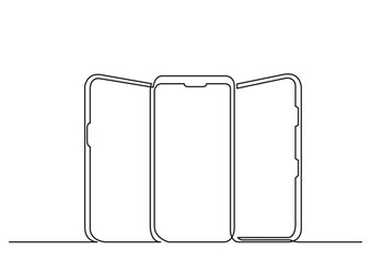 continuous line isolated vector object three standing vertical smart phones - PNG image with transparent background