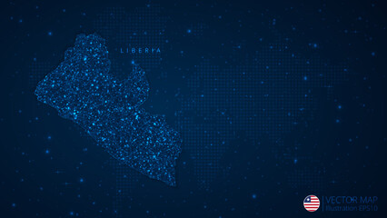 Fototapeta na wymiar Map of Liberia modern design with polygonal shapes on dark blue background. Business wireframe mesh spheres from flying debris. Blue structure style vector illustration concept