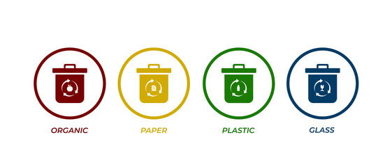 Segregate waste and store it in different bin. Garbage segregation recycling bin with trash icon symbol for website design. - obrazy, fototapety, plakaty