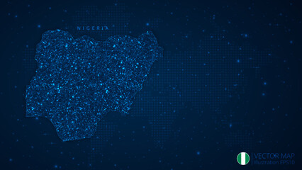 Fototapeta na wymiar Map of Nigeria modern design with polygonal shapes on dark blue background. Business wireframe mesh spheres from flying debris. Blue structure style vector illustration concept